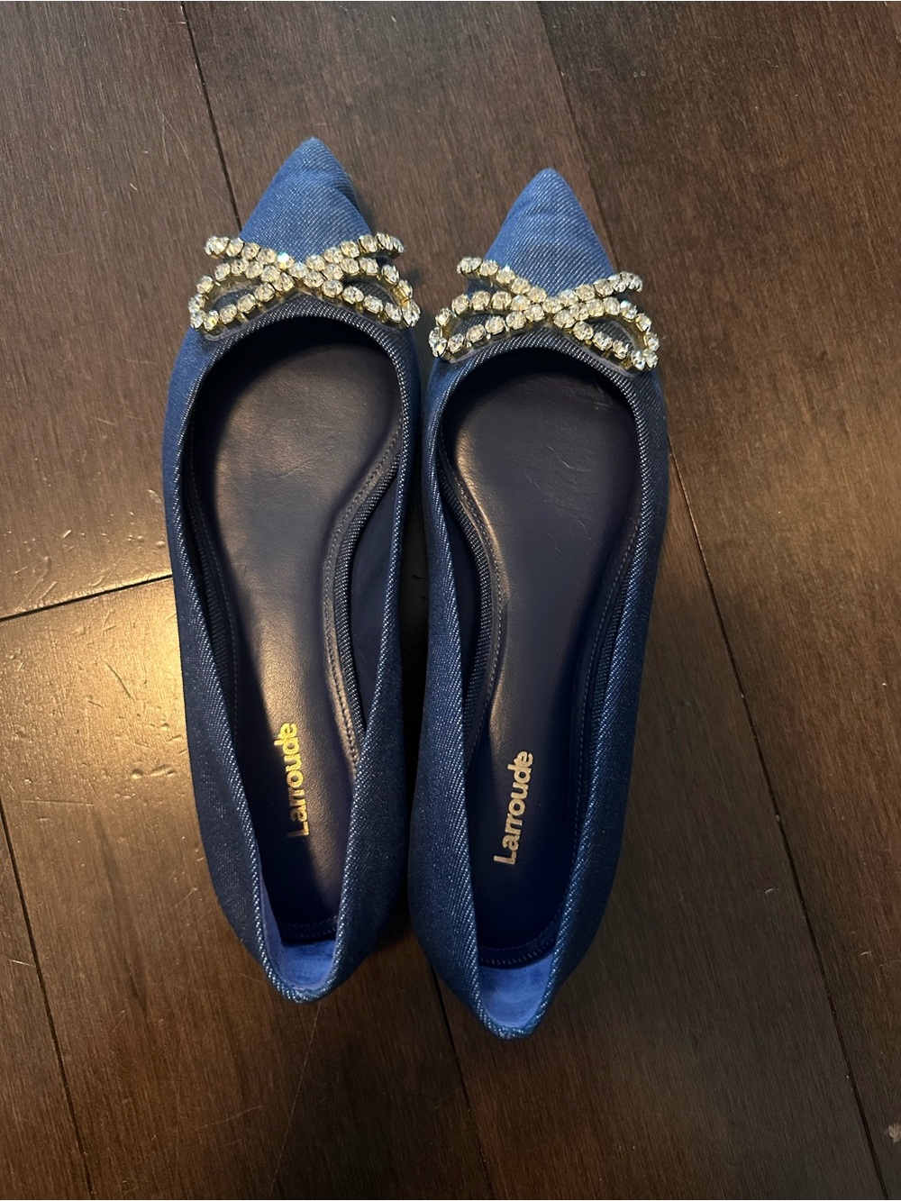 Larroude Denim Blue Flats with Crystal Bow Accent - Gently Used